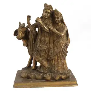 Patung emas buatan tangan patung kuningan Radha Krishna dengan patung sapi Aksesori dekorasi barang hadiah
