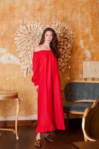 Robe longue rouge à épaules dénudées, manches longues, ourlet droit, coupe ample, style formel d'été, couleur unie, 100% lin, crêpe respirant - Product Image 5