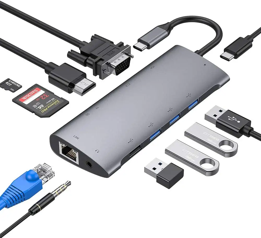 Aluminium Adapter USB Type C Hub 11 in 1 Docking 4K MD 1080P VGA Rj45 Gigabit Ethernet C SD TF 11 in 1 USB C Hub