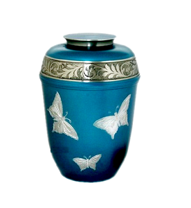 Urna Funeraria Europea de Aluminio Plateado con Destellos Azules para Cenizas Humanas, Tamaño Adulto, Diseño de Mariposa, Recipiente Conmemorativo para Cenizas - Product Image 1