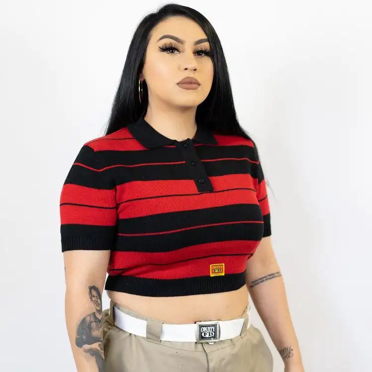 womens crop top t shirt - polo crop top shirts - ladies womens red and black strip cropped tees hip hop