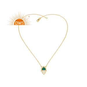 Collar de Piedra de Ónix Verde con Baño de Oro, Diseño de Hamsa Sagrada, Cadena de Plata de Ley, Proveedor de Joyería - Product Image 1