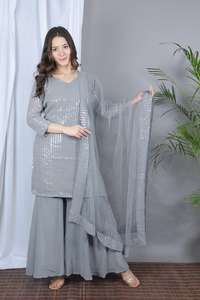 Ropa étnica india-pakistaní, conjunto de tres piezas, ropa de mujer, bloque de mano impreso, Kurtis indio con pantalones Palazzo - Product Image 6