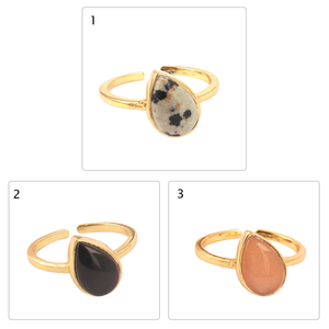 Delicado anillo de declaración minimalista en forma de pera, Jaspe dálmata genuino, anillo de banda abierta, anillo de desgaste causal chapado en oro de latón - Product Image 2