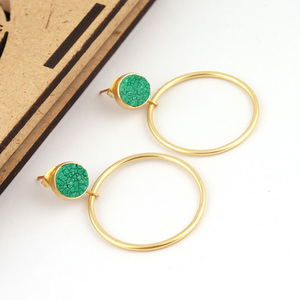 Joyería hecha a mano cristalizada brillo natural azúcar verde druzy colgante gran disco redondo pendiente chapado en oro joyería de moda gotas - Product Image 5