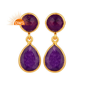 Faceted Cut Aventurine Gemstone Earring Jewelry Wholesale Designer 18k Gold Plated Sterling Silver Bezel Set Earring - Product Image 1