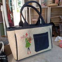 Bolso de Hombro Tipo Tote de Moda para Mujer, Estilo Vintage, de Mezclilla, con Hojas de Yute, con Dos Cadenas, en Oferta