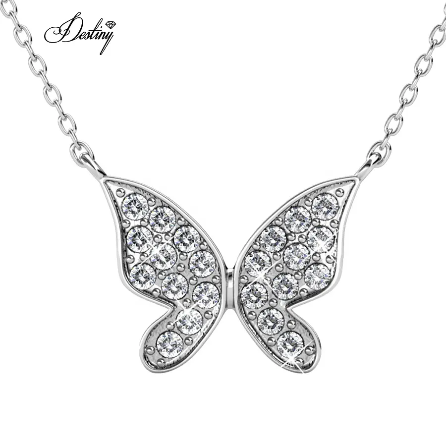 Premium Austrian Crystal Jewelry 925 Silver / Brass Dainty Pave Meadow Butterfly Pendant Necklace Destiny Jewellery