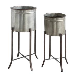 Set of 2 Pcs Outdoor Galvanized Metal Planters with Metal Stand <b>for</b> Indoor & Outdoor Decorative Floor Metal Planter - Product Image 3