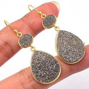 Wholesale 925 Sterling Silver Gray <b>Titanium</b> Druzy Drop Dangle Earrings Gold Plated Gorgeous Glitter for Weddings - Product Image 4