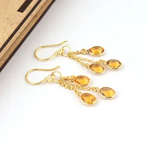 Hot sale briolette cut citrine quartz drop earring gold/silver plated best selling flexible chain hanging drop dangle earrings