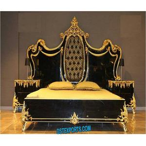 European <b>Vintage</b> High Gloss Bedroom Furniture Black & Gold Finish King Size <b>Bed</b> Royal Style HighGloss <b>Bed</b> With Nightstands - Product Image 1