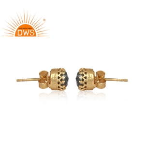 Pendiente de tuerca de Gema labradorita de corte redondo Natural, fabricante de pendientes de plata de ley 925 chapados en oro, proveedor de pendientes de poste - Product Image 2