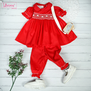 Babeeni Casual <b>Red</b> Smocked Dress for <b>Little</b> Girls 6 Months-6 Years 100% Cotton Geometric Pattern Flame Retardant OEKO-TEX - Product Image 2