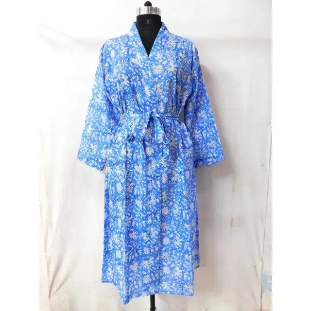 Tasarımcı parti mavi çiçek pamuk gecelik el yapımı kadın toptan intimates el bloğu baskılı etnik kimono elbiseler
