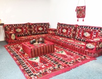 Ensemble de coussins de sol d'angle oriental Belkiz Nomad Anatolian, brodés, tissés, vintage, rouge, avec garnissage en mousse densité 22