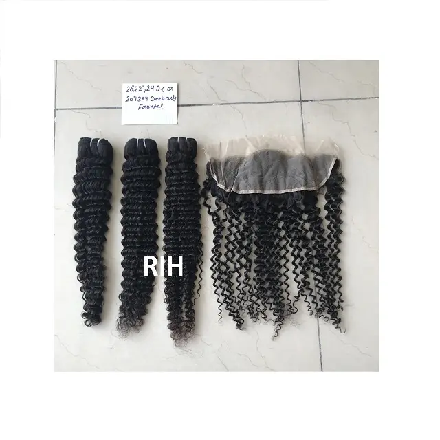 Raw Virgin Unprocessed Cuticle Aligned Good Density Deep Curly Hair Bundles With 13*4 Hd Frontal Human Hair Extension From India