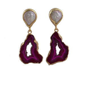 Druzy และต่างหูไข่มุกน้ำจืดเคลือบทอง,ต่างหูรูปลูกแพร์ต่างหูแบบห้อยต่างหูเครื่องประดับหินโมราธรรมชาติ - Product Image 6