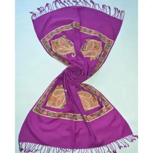 100% wool kashmiri embroidered shawl type scarf kashmiri design purple color women based (merino 2/56) winter shawl