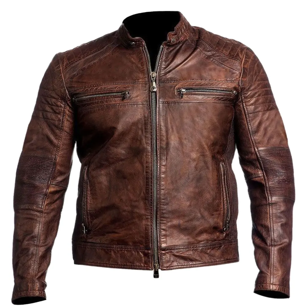 Wholesale Top Quality Custom Made Cafe Racer Vintage Men's Distressed Black Leather Biker Jacket