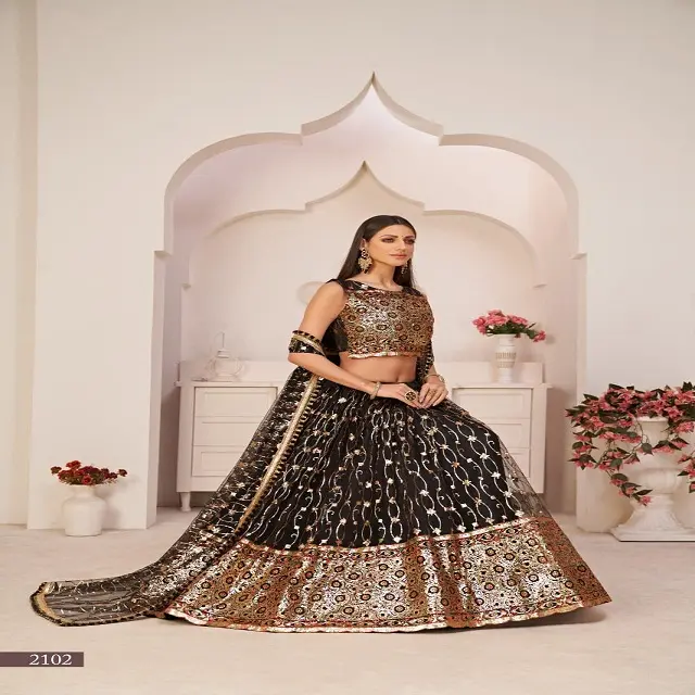 Womens Bollywood Stijl Lehenga Choli Netto Borduurwerk Stenen Werk