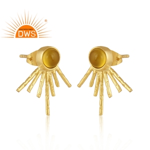 Diseño hecho a mano chapado en oro 18K Calcedonia amarilla Natural piedra preciosa Stud Stick pendiente joyería de moda para mujer regalo para ella - Product Image 2