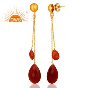 Faceted Indian Red Onyx <b>Earrings</b> Designer <b>Silver</b> Jewelry Wholesale 18k Gold Plated <b>Chain</b> Drop <b>Earrings</b> Classic Collection - Product Image 3