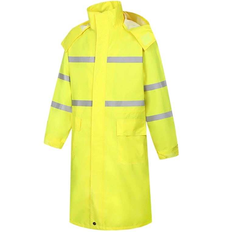Accept Custom Made OEM Industrial Series Men's PVC Waterproof Safety Yellow Raincoat with Hood and Reflective Tape
