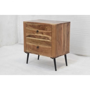 Meuble de chevet vintage art déco du milieu du siècle Table de chevet extensible convertible Pieds en métal acacia Meubles de salon en bois massif - Product Image 1