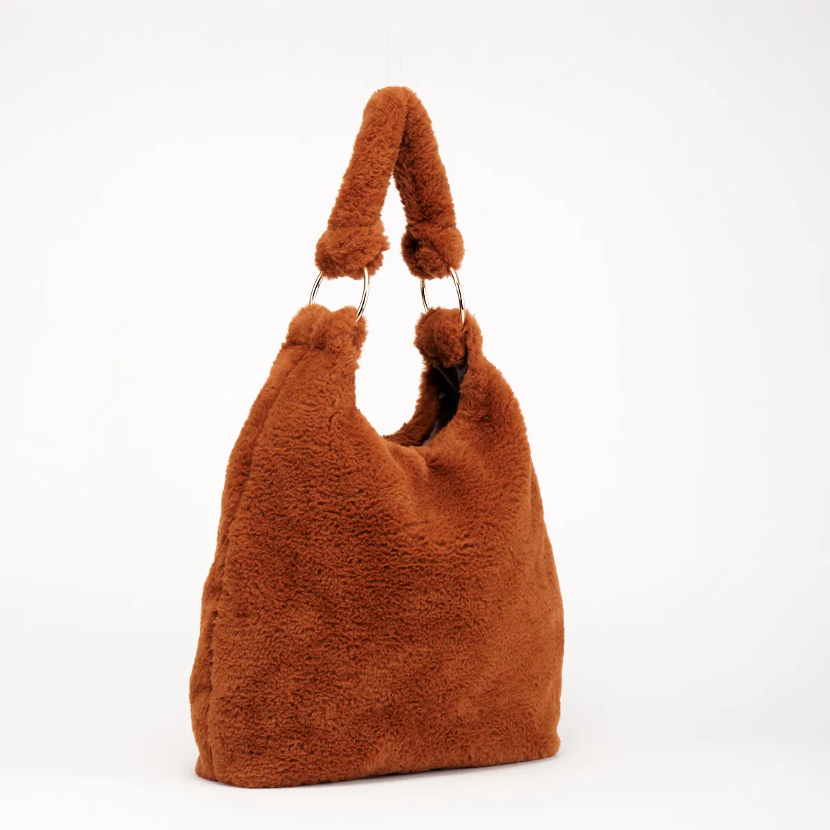 Cork-coloured Fake Fur Tote Bag with Metal Rings on the Handle| Women Accessories| Women Fashion