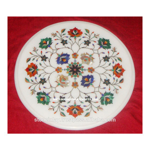 Handmade Đá Cẩm Thạch Trắng Tự Nhiên Nhiều Màu Dát Nghệ Thuật Hoa Làm Việc Hình Tròn Bàn Cà Phê Hàng Đầu Cho Quà Tặng - Product Image 1