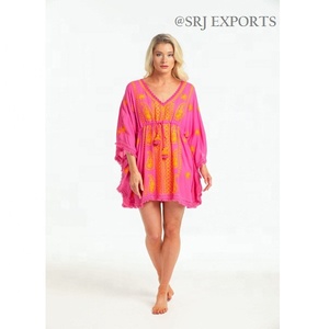 Robe caftan courte à manches longues en tissu doux et confortable, brodée à la main, style traditionnel, dentelle, vêtement décontracté pour femme, tenue d'été, tunique - Product Image 1