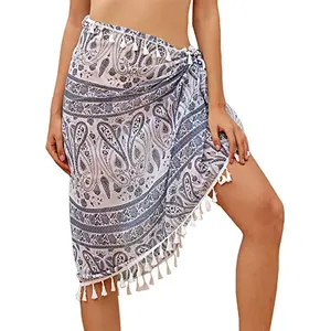 Skirt Beach Pareo Sarong and Floral Printed Bikini Cover Up Women Pareo Sarong with Border Tassel Lace Pareo