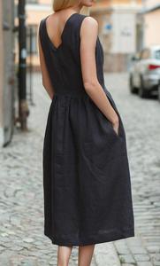 Robe midi noire sans manches 100 % lin, taille naturelle, col en V, coupe trapèze ample, formelle et décontractée, couleur unie, respirante, tissée, pour l'été - Product Image 6