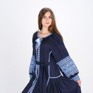 Atractivo verano azul Sexy cuello redondo manga larga 100% algodón vestido Casual mujeres elegante cintura alta Ruche Maxi vestidos - Product Image 1