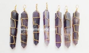 Colgante de lápiz de doble punta, piedra preciosa de amatista Natural, envoltura de alambre dorado, patrón Hexagonal, colgantes de moda, dijes a la venta - Product Image 2