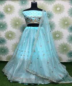 Vente en gros de vêtements brodés en georgette indiens pakistanais Lehenga Choli Dupatta pour fête en coton et soie - Product Image 5