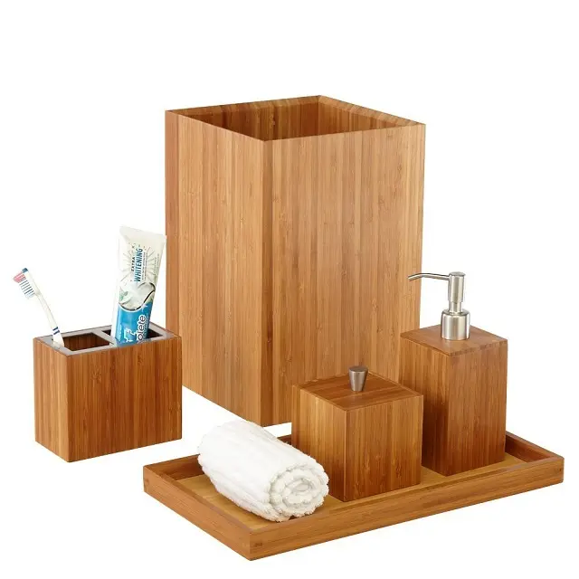 Ensemble de Grain de bois d'acacia, accessoires de salle de bain, pour la maison, le Spa, une bouteille, une poubelle