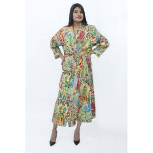 New Arrival 100% Cotton Handmade Lightweight Long Kimono <b>Robe</b> Stylish Tunic Beachwear Nightwear Dress V-Neck Floral Print Adults - Product Image 3