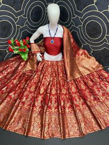 ชุดงานแต่งงานของชาวอินเดียสีแดงสวย,ชุดหรูหราทำจากผ้าไหมสีทอง Zari ทอผ้า Lehenga Choli สำหรับสุภาพสตรีในอัตราขายส่ง - Product Image 6