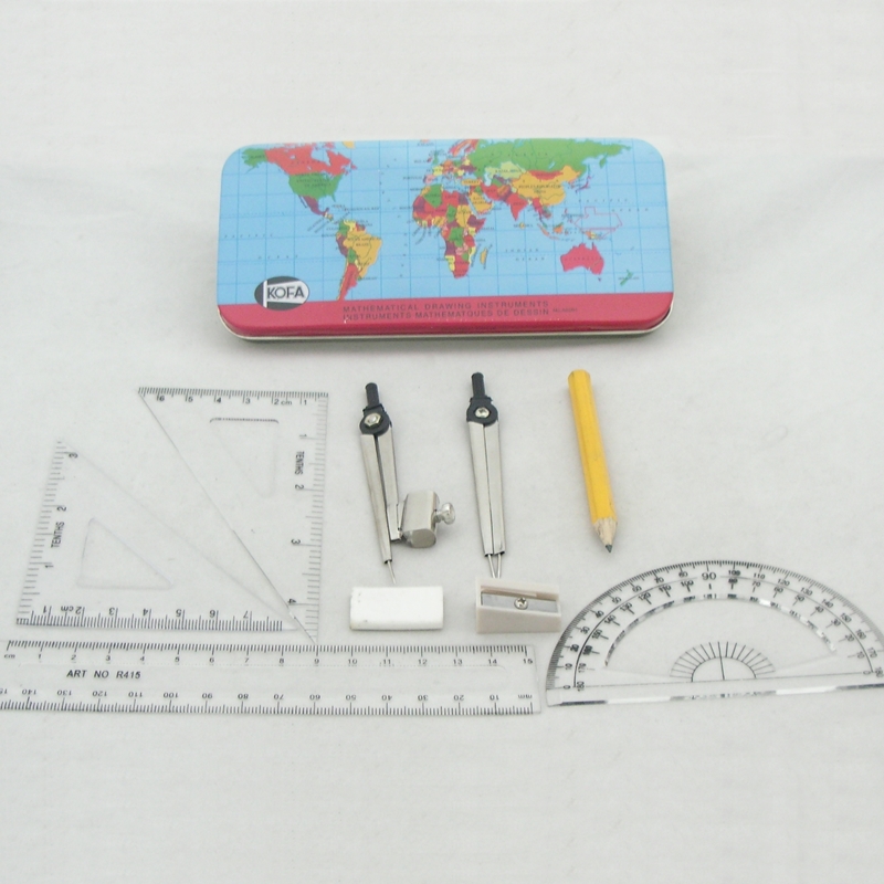 WM 9pcs World Map Tin Box Mathematical Set