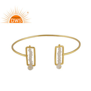 Gold Plated 925 <b>Silver</b> Frame Beaded Rainbow Moonstone <b>Cuff</b> Bangle Gemstone Jewelry for Women Gift for Her - Product Image 1