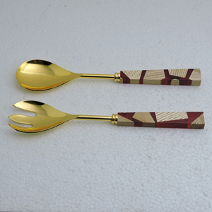 Resin & Wood Handle Gold Plated Latest Design Salad <b>Server</b> for Household Kitchen Cutlery Product Luxury Glossy Gold Salad <b>Server</b> - Product Image 4