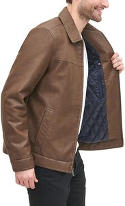 Veste de moto à la mode High Street Manteau bouffant d'hiver Veste en cuir marron d'extérieur pour hommes - Product Image 2