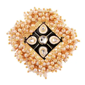 Indischer antiker Schmuck Kundan Faux Pearl Beads Vergoldeter großer verstellbarer Fingerring schmuck für Frauen, schwarz