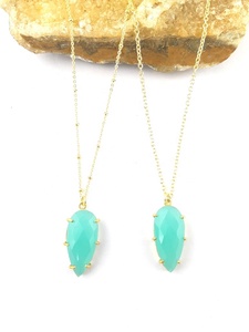 Aqua Chalcedony หินรูปทรงหยดน้ำยาวสีทอง Vermeil 925เงินสเตอร์ลิงง่ามชุดจี้สร้อยคอหิน Size25x12mm Chain18" - Product Image 2
