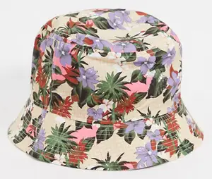 Floral Print Custom Printed Bucket Hats Wholesale Tropical Flower Hawaiian Pattern Bucket Fitted Beach 100% Cotton Plain Adults