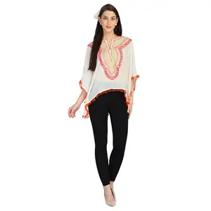 women's blouses & shirts Beaded Neck Caftan with pompom Lace