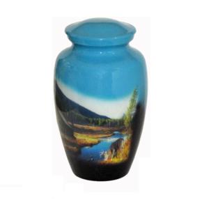 Suministros funerarios Urna de cremación para cenizas conmemorativas Urna de cremación de metal de calidad duradera Tema impreso - Product Image 1