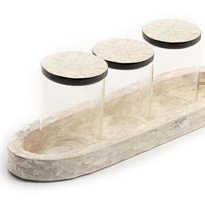 Bandeja de bambú artesanal para decoración del hogar, juego árabe de frascos de vidrio con bandeja para madre de perla, crema marrón - Product Image 2